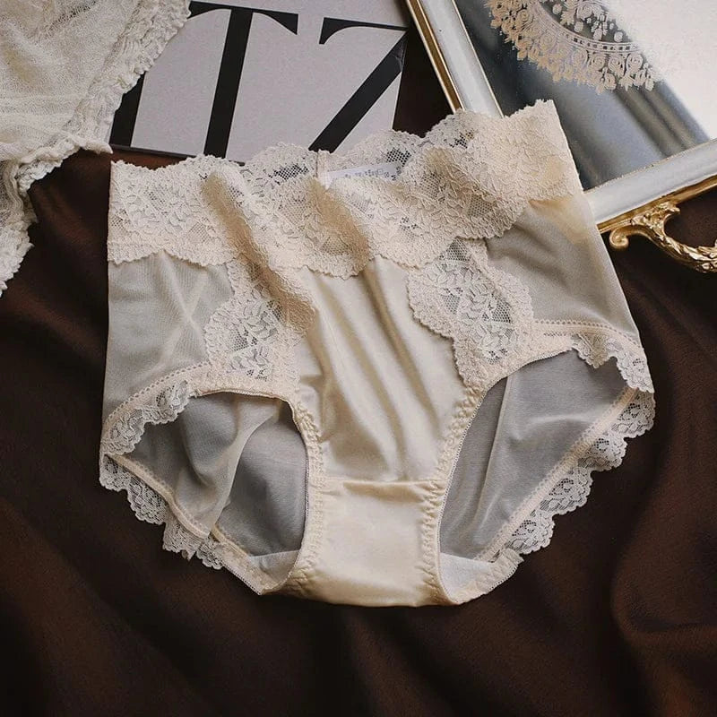 Women Luxury Lace Exquisite Sexy Mesh Transparent Satin Panties Elasticity Breathable Middle Waist Underwear Embroidery Breifs - A-1 Thread Vault