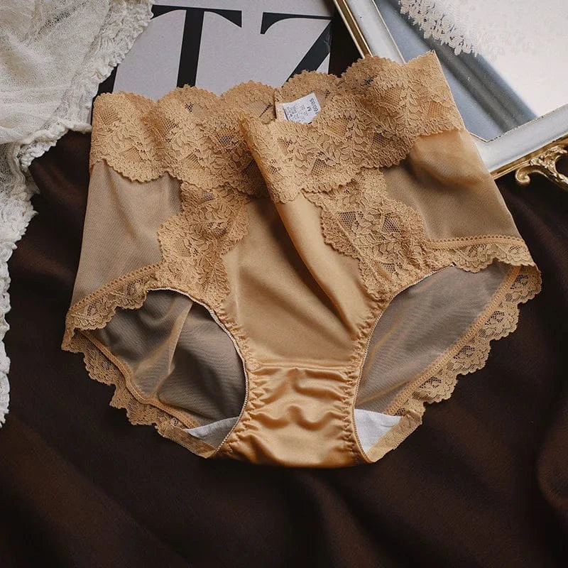 Women Luxury Lace Exquisite Sexy Mesh Transparent Satin Panties Elasticity Breathable Middle Waist Underwear Embroidery Breifs - A-1 Thread Vault
