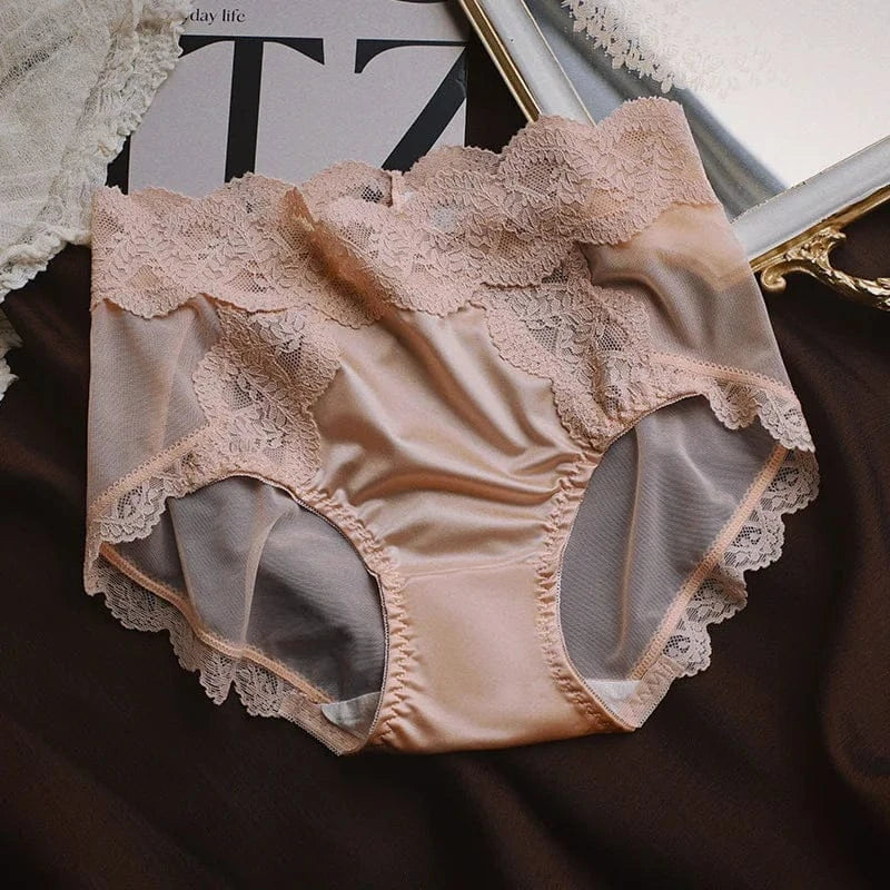 Women Luxury Lace Exquisite Sexy Mesh Transparent Satin Panties Elasticity Breathable Middle Waist Underwear Embroidery Breifs - A-1 Thread Vault