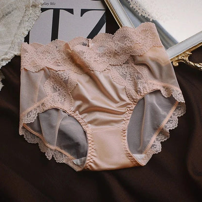 Women Luxury Lace Exquisite Sexy Mesh Transparent Satin Panties Elasticity Breathable Middle Waist Underwear Embroidery Breifs - A-1 Thread Vault