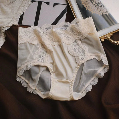 Women Luxury Lace Exquisite Sexy Mesh Transparent Satin Panties Elasticity Breathable Middle Waist Underwear Embroidery Breifs - A-1 Thread Vault