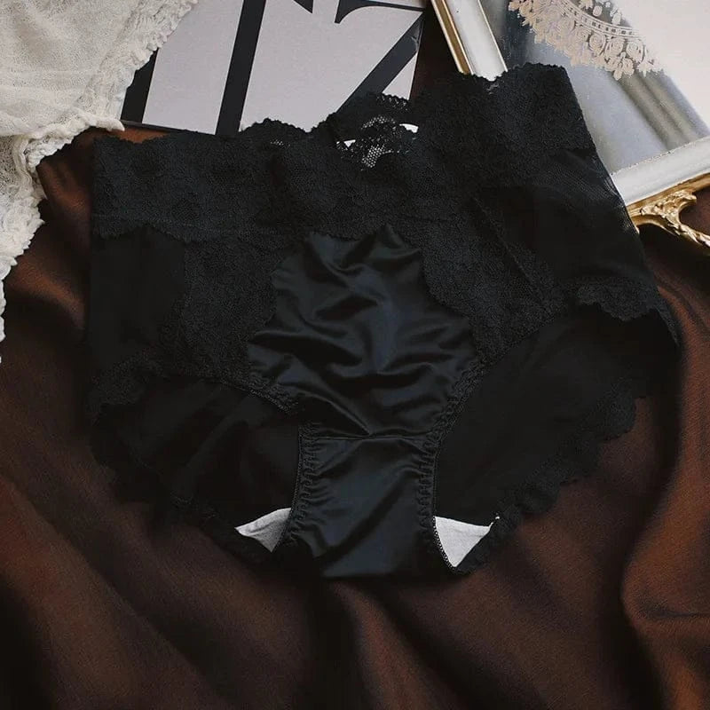 Women Luxury Lace Exquisite Sexy Mesh Transparent Satin Panties Elasticity Breathable Middle Waist Underwear Embroidery Breifs - A-1 Thread Vault