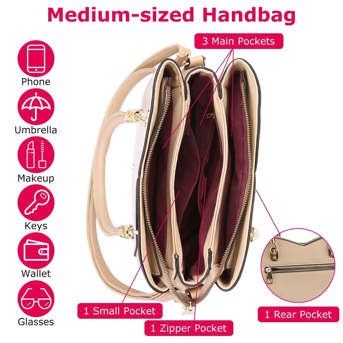 Women Medium Sized Leather Satchel Crossbody Bag with Stylish Stitching Detachable Strap - A-1 Thread Vault