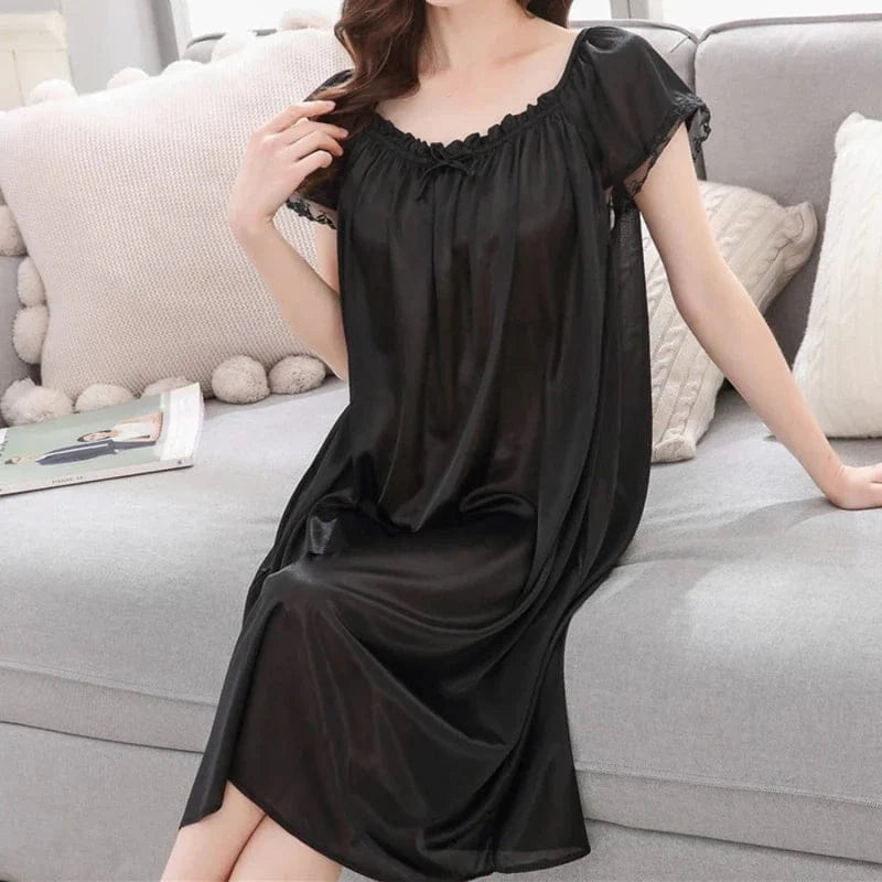 Women Night Gowns Sleepwear Lace Patchwork Nightwear Long Sleeping Dress Casual Ladies Home Dressing - A-1 Thread Vault