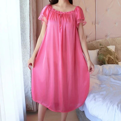 Women Night Gowns Sleepwear Lace Patchwork Nightwear Long Sleeping Dress Casual Ladies Home Dressing - A-1 Thread Vault