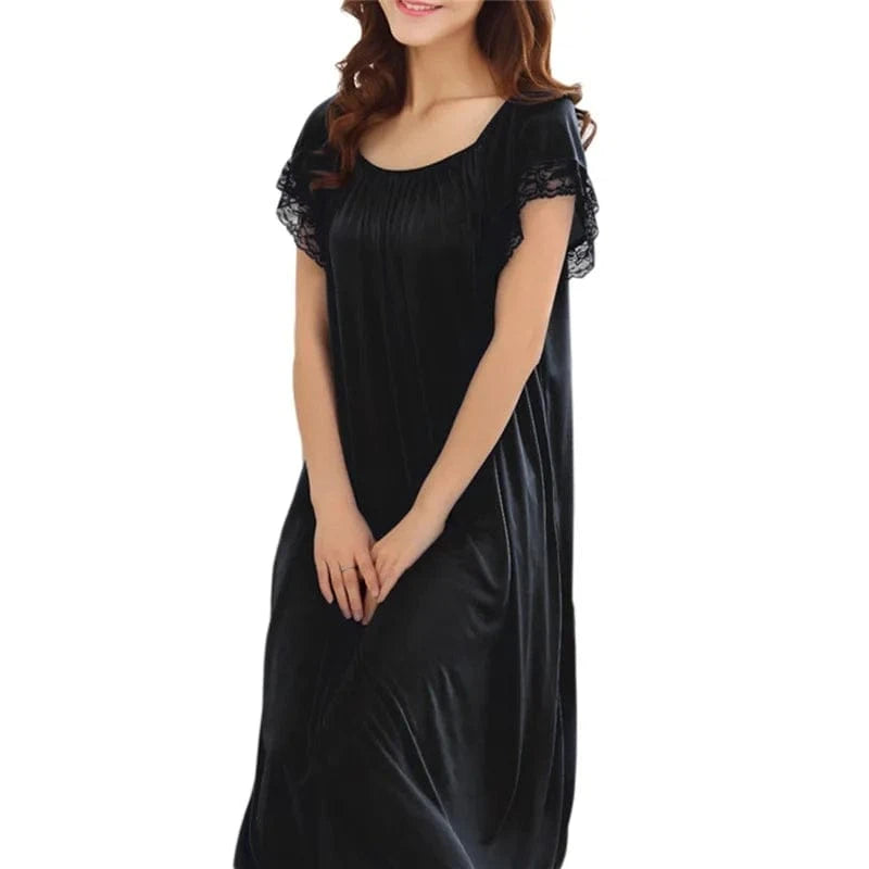 Women Night Gowns Sleepwear Lace Patchwork Nightwear Long Sleeping Dress Casual Ladies Home Dressing - A-1 Thread Vault