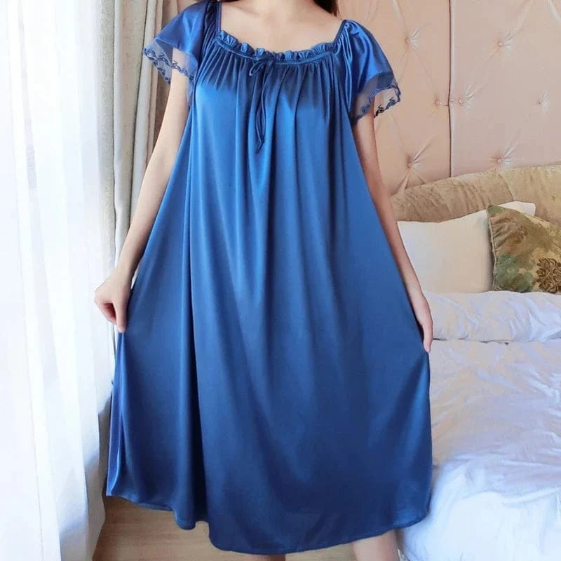 Women Night Gowns Sleepwear Lace Patchwork Nightwear Long Sleeping Dress Casual Ladies Home Dressing - A-1 Thread Vault