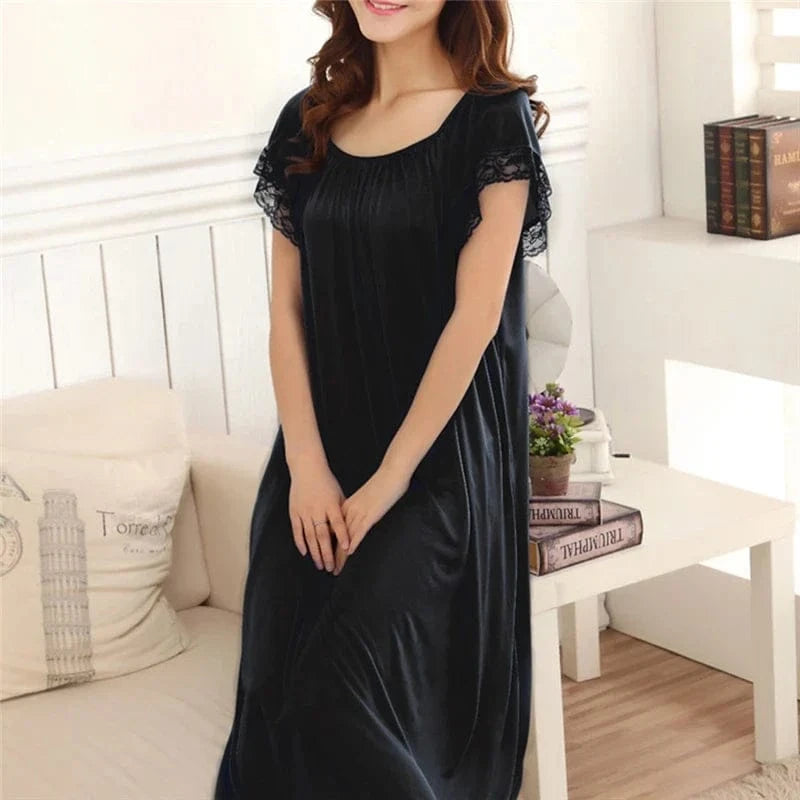 Women Night Gowns Sleepwear Lace Patchwork Nightwear Long Sleeping Dress Casual Ladies Home Dressing - A-1 Thread Vault