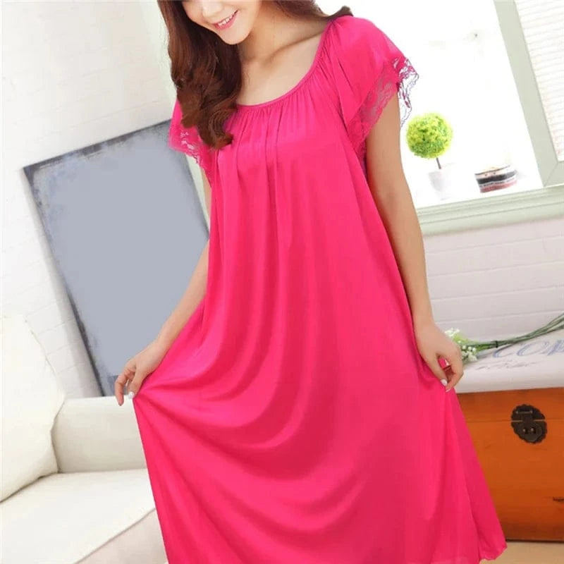 Women Night Gowns Sleepwear Lace Patchwork Nightwear Long Sleeping Dress Casual Ladies Home Dressing - A-1 Thread Vault