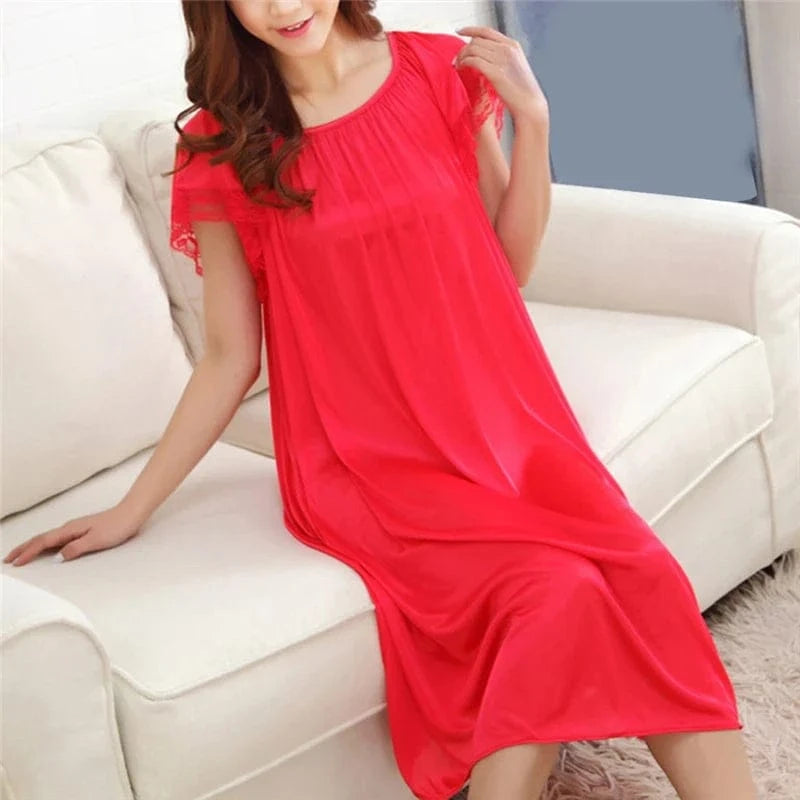 Women Night Gowns Sleepwear Lace Patchwork Nightwear Long Sleeping Dress Casual Ladies Home Dressing - A-1 Thread Vault
