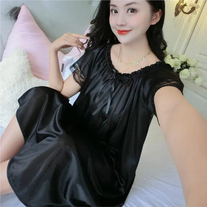 Women Night Gowns Sleepwear Lace Patchwork Nightwear Long Sleeping Dress Casual Ladies Home Dressing - A-1 Thread Vault