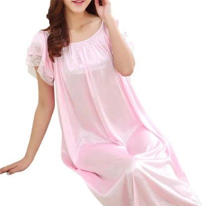 Women Night Gowns Sleepwear Lace Patchwork Nightwear Long Sleeping Dress Casual Ladies Home Dressing - A-1 Thread Vault