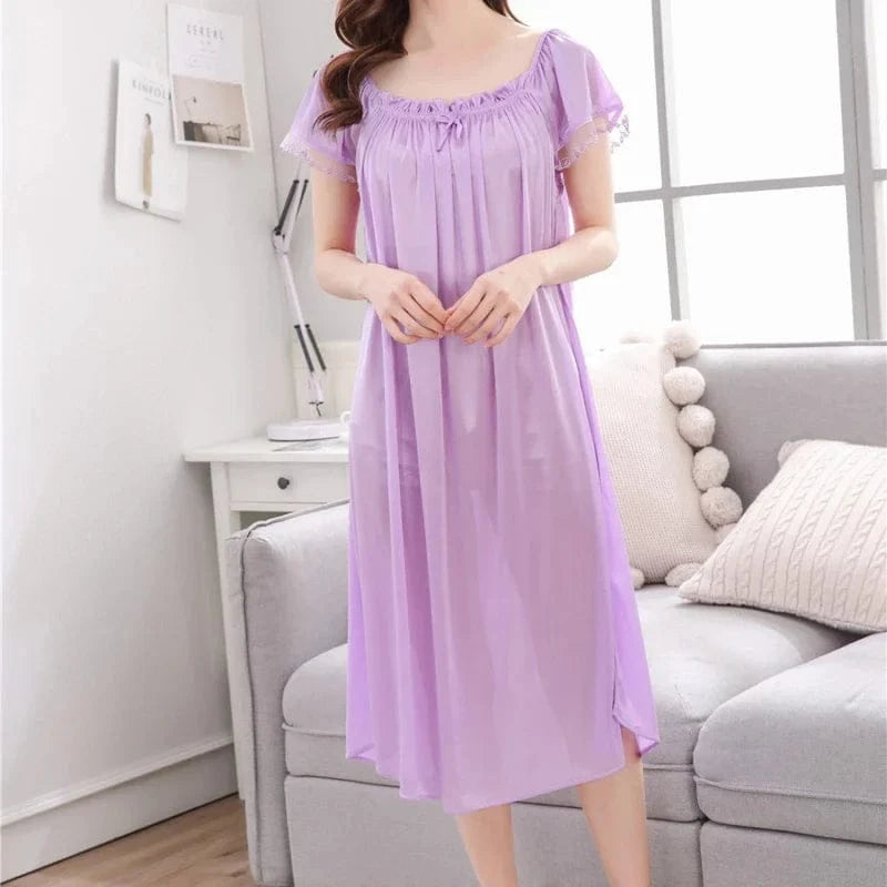 Women Night Gowns Sleepwear Lace Patchwork Nightwear Long Sleeping Dress Casual Ladies Home Dressing - A-1 Thread Vault