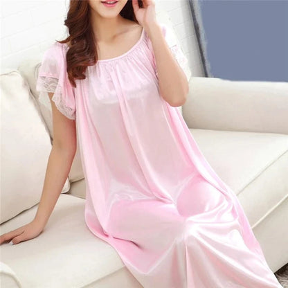 Women Night Gowns Sleepwear Lace Patchwork Nightwear Long Sleeping Dress Casual Ladies Home Dressing - A-1 Thread Vault