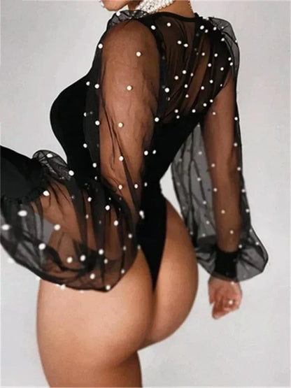 Women Pearl Mesh Puff Sleeve Bodysuit 2024 Fashion Long Sleeve Vintage Body Top Summer Fall Elegant Sexy Blouse Shirts Female - A-1 Thread Vault