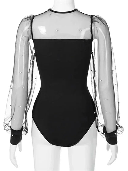 Women Pearl Mesh Puff Sleeve Bodysuit 2024 Fashion Long Sleeve Vintage Body Top Summer Fall Elegant Sexy Blouse Shirts Female - A-1 Thread Vault
