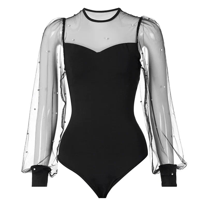 Women Pearl Mesh Puff Sleeve Bodysuit 2024 Fashion Long Sleeve Vintage Body Top Summer Fall Elegant Sexy Blouse Shirts Female - A-1 Thread Vault
