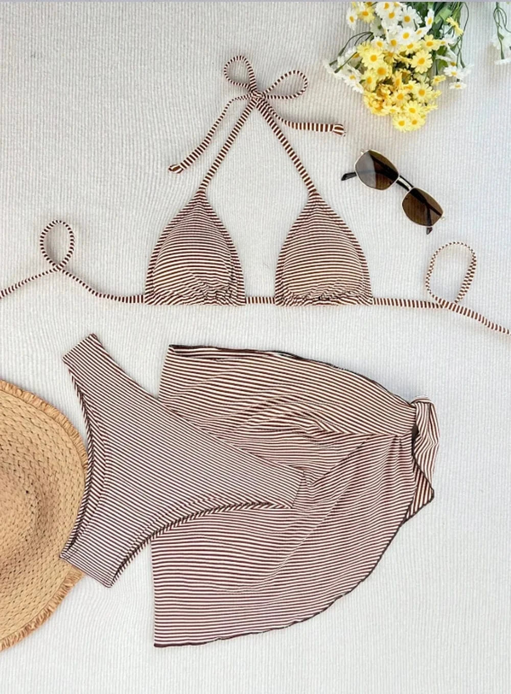 Women's 3 Piece Bikini Set with Wrap Coverup Halter Triangle Swimsuits - A-1 Thread Vault
