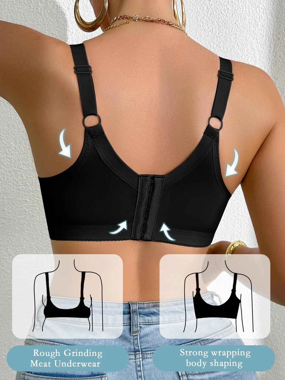 A back view of a person wearing a black bra with adjustable straps, featuring a wide back band with a hook-and-eye closure and diagrams showing the garment's shaping effect.
