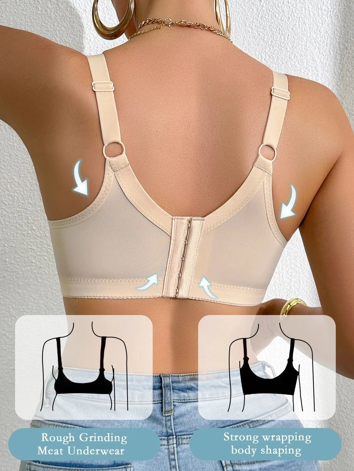 A beige back-smoothing bra worn on a person, featuring adjustable shoulder straps, a hook-and-eye closure in the center, and side panels, with two small diagrams below comparing a standard bra and this shaping style.