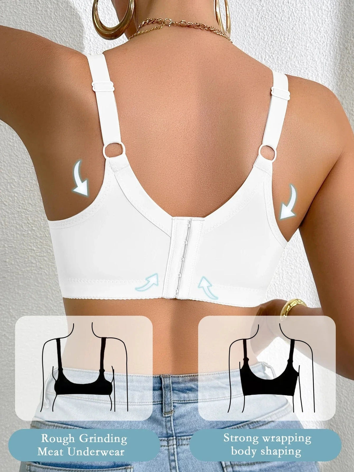 A white back-closure bra is shown on a woman's back with inset graphics illustrating how the design provides smoothing support compared to a standard bra.