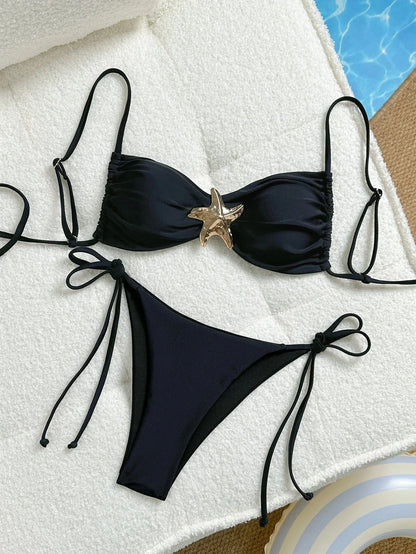 Women's Bikini Set Metal Starfish Swimsuit Tie Side 2 Pieces String Bathing Suit - A-1 Thread Vault