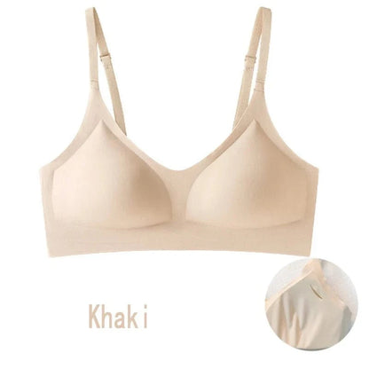 A beige wireless bra with adjustable straps and molded cups, shown alongside a circular inset highlighting the interior detail.