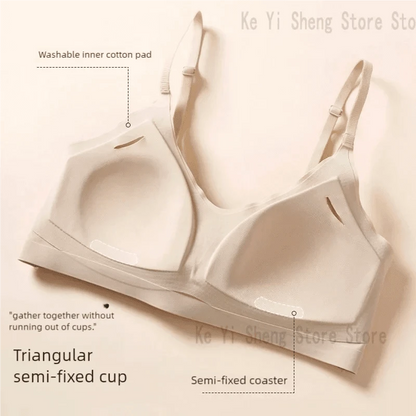 A beige wireless bra is displayed featuring triangular semi-fixed cups with visible inner cotton padding and adjustable shoulder straps.