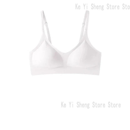 A white wireless bralette with triangle-shaped cups and adjustable spaghetti straps on a plain white background.