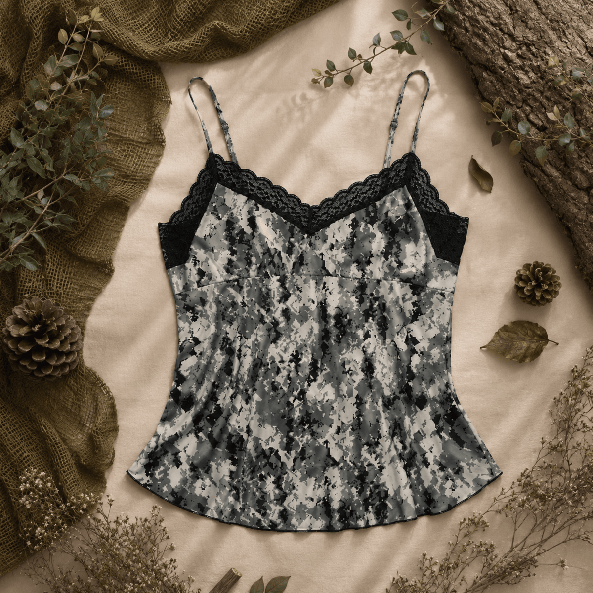 Women's Camo Lace Camisole - Envision Black Hunting Lingerie - Wilderness Dreams - A-1 Thread Vault