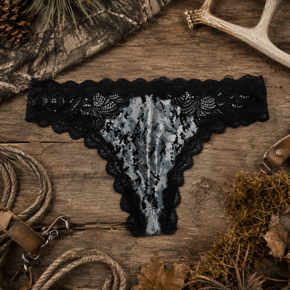 Women's Camo Lace Thong - Envision Black Hunting Underwear - Wilderness Dreams - A-1 Thread Vault