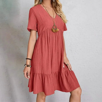 Women's Casual Dress Ruffle V Neck Midi Shift Dress - A-1 Thread Vault