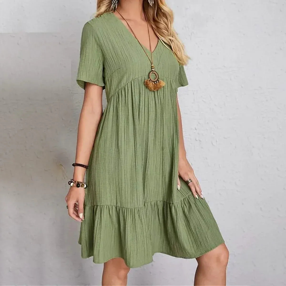 Women's Casual Dress Ruffle V Neck Midi Shift Dress - A-1 Thread Vault