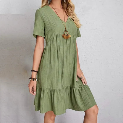Women's Casual Dress Ruffle V Neck Midi Shift Dress - A-1 Thread Vault
