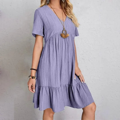 Women's Casual Dress Ruffle V Neck Midi Shift Dress - A-1 Thread Vault