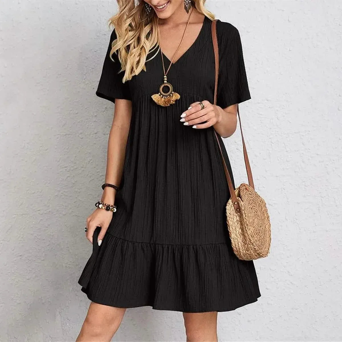 Women's Casual Dress Ruffle V Neck Midi Shift Dress - A-1 Thread Vault