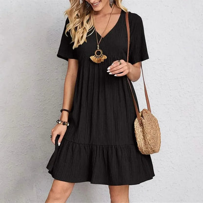 Women's Casual Dress Ruffle V Neck Midi Shift Dress - A-1 Thread Vault