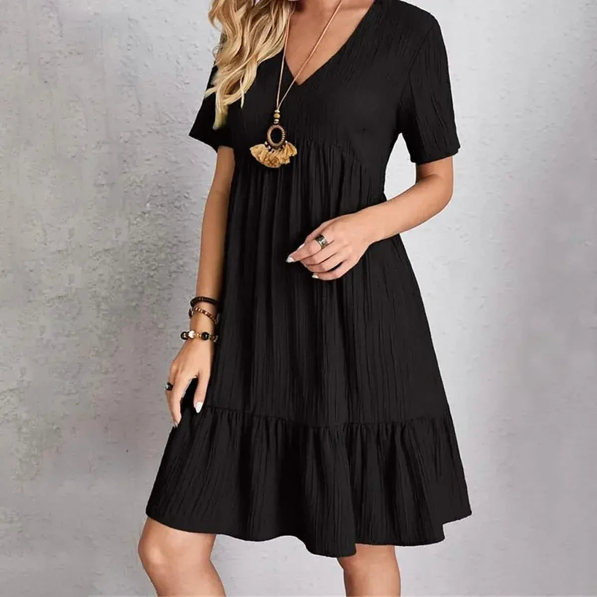 Women's Casual Dress Ruffle V Neck Midi Shift Dress - A-1 Thread Vault
