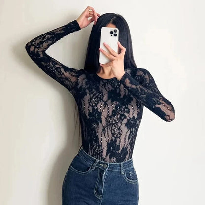 Women's Crew Neck Double Layer Long Sleeved Lace Bodysuit - A-1 Thread Vault