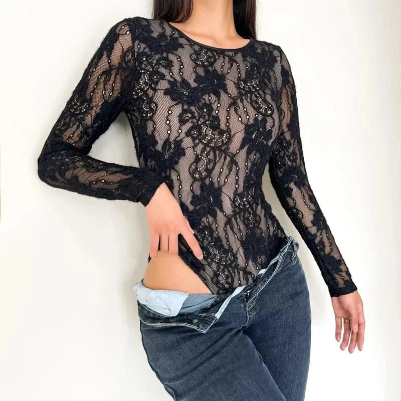 Women's Crew Neck Double Layer Long Sleeved Lace Bodysuit - A-1 Thread Vault