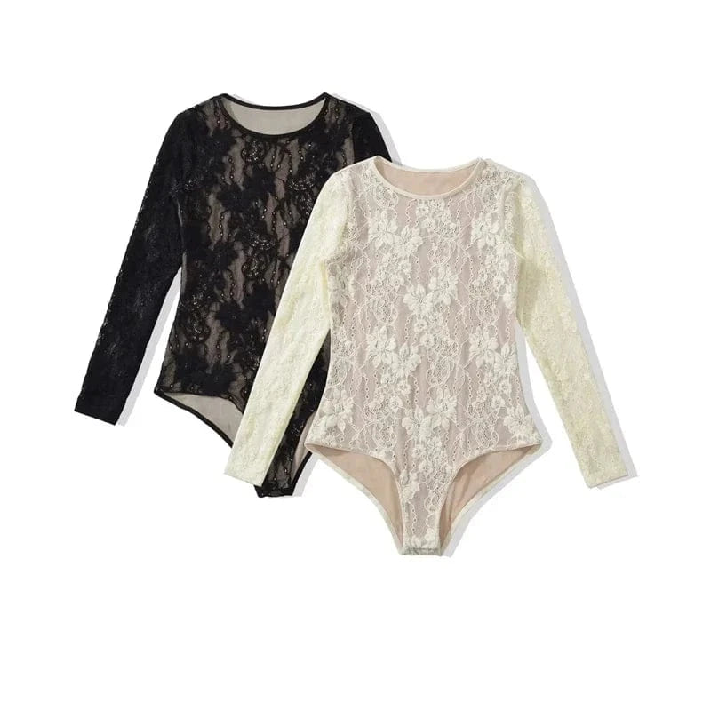 Women's Crew Neck Double Layer Long Sleeved Lace Bodysuit - A-1 Thread Vault