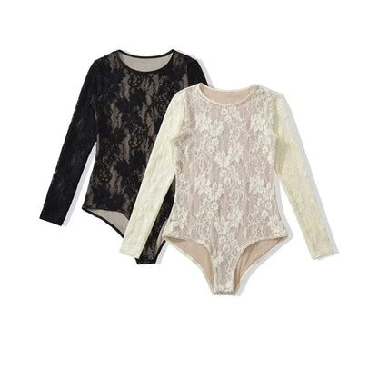 Women's Crew Neck Double Layer Long Sleeved Lace Bodysuit - A-1 Thread Vault