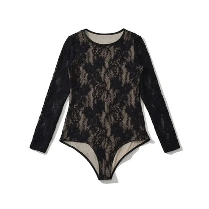 Women's Crew Neck Double Layer Long Sleeved Lace Bodysuit - A-1 Thread Vault