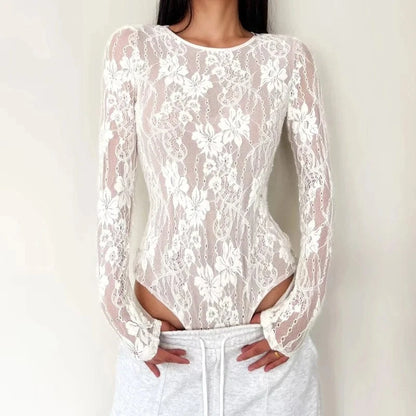 Women's Crew Neck Double Layer Long Sleeved Lace Bodysuit - A-1 Thread Vault