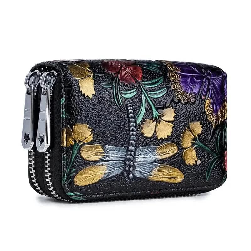 Women's Floral Faux Leather Double Zipper Card Holder and Coin Purse - A-1 Thread Vault
