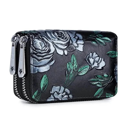 Women's Floral Faux Leather Double Zipper Card Holder and Coin Purse - A-1 Thread Vault