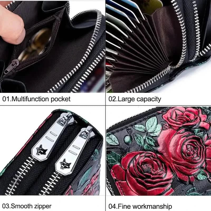 Women's Floral Faux Leather Double Zipper Card Holder and Coin Purse - A-1 Thread Vault