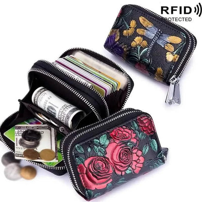 Women's Floral Faux Leather Double Zipper Card Holder and Coin Purse - A-1 Thread Vault