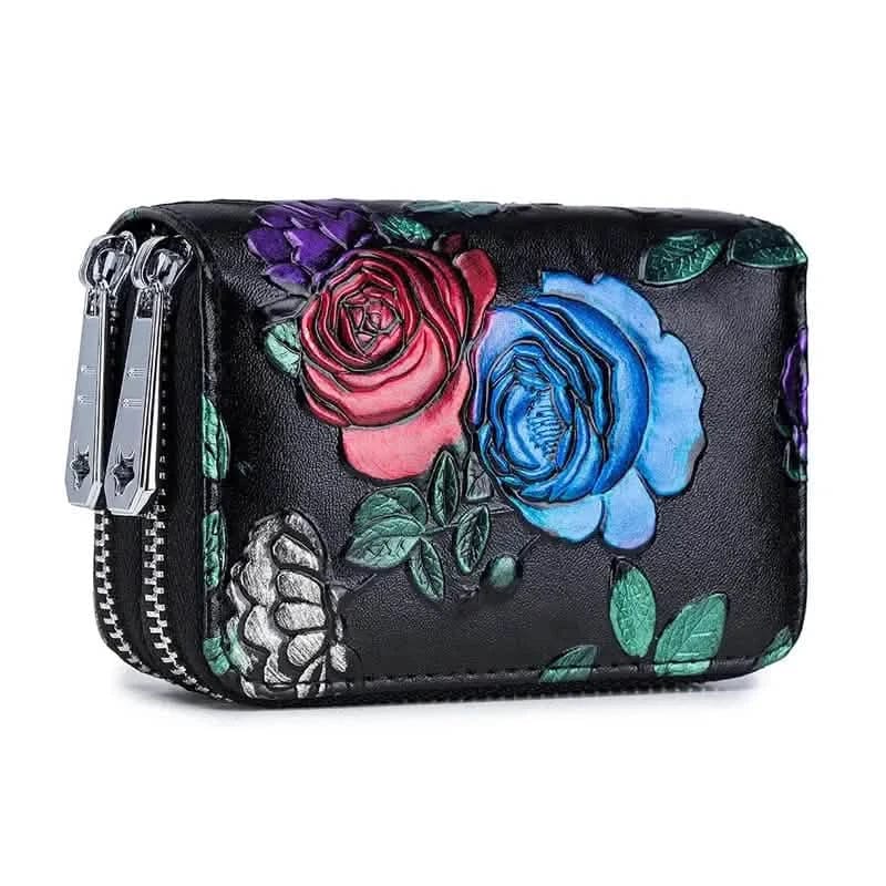 Women's Floral Faux Leather Double Zipper Card Holder and Coin Purse - A-1 Thread Vault