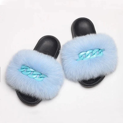 Women’s Fluffy Fox Fur Chain Slides - A-1 Thread Vault